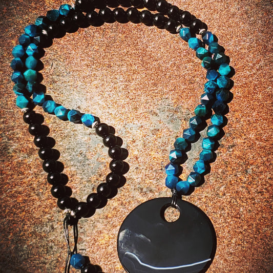 Teal Tiger Eye and Black Agate Necklace